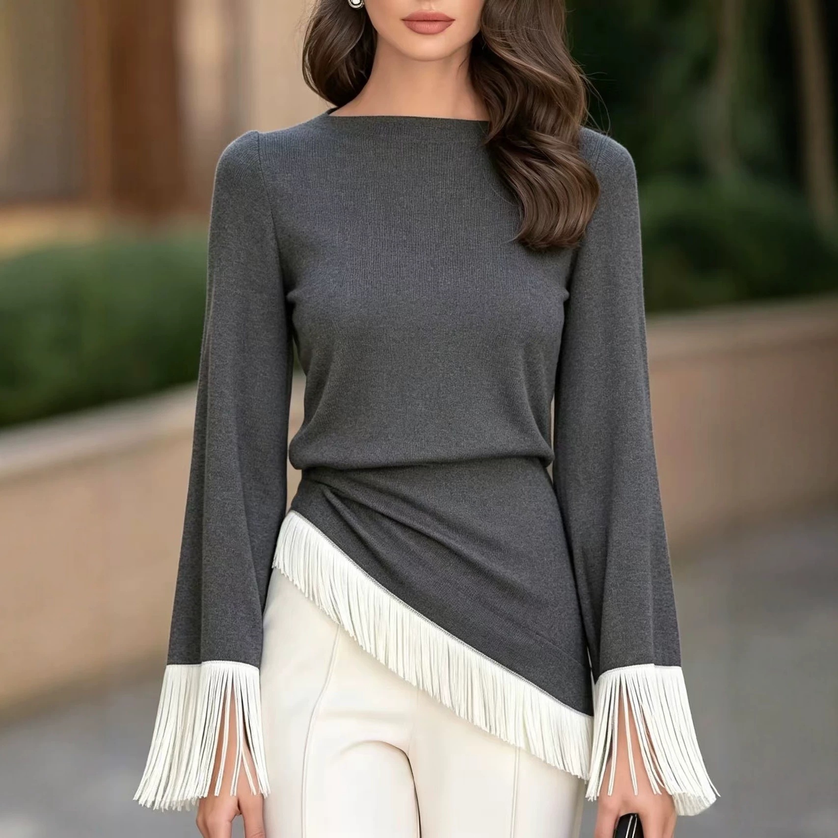 Blusa feminina assimétrica com - Tassel Fringe Trim avaliação e preço