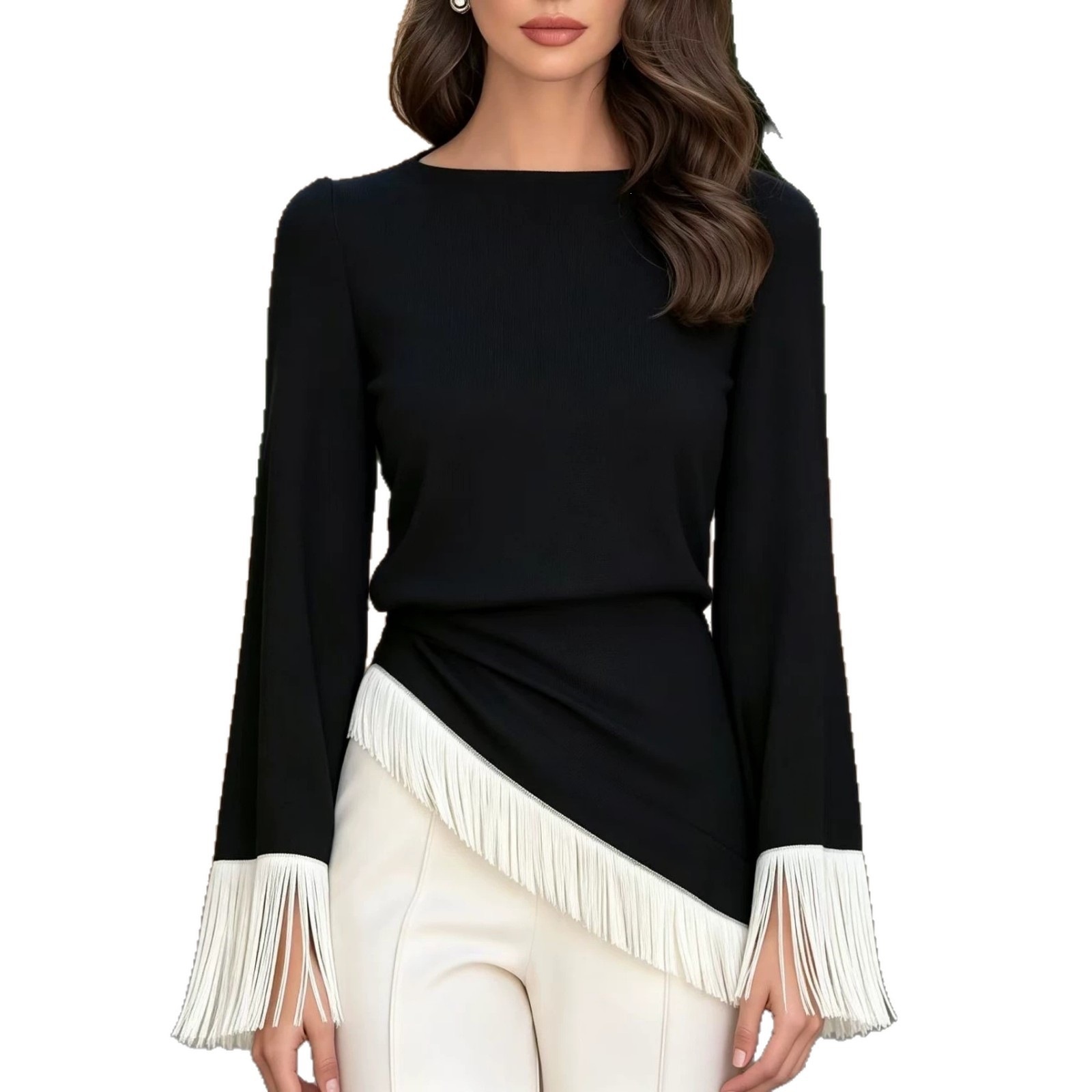 Blusa feminina assimétrica com - Tassel Fringe Trim avaliação e preço